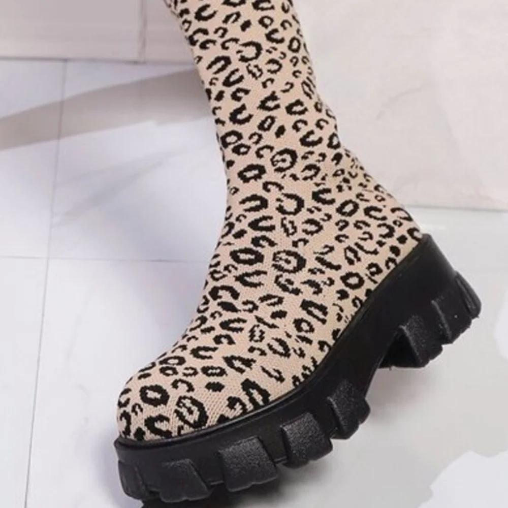 Leopard Chunky Platform Knee High Sock Boots Stretch Mesh Knit Block Heel Shoes